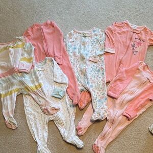 Assorted Pink, coral, and Patterned 3-6 month Onesies